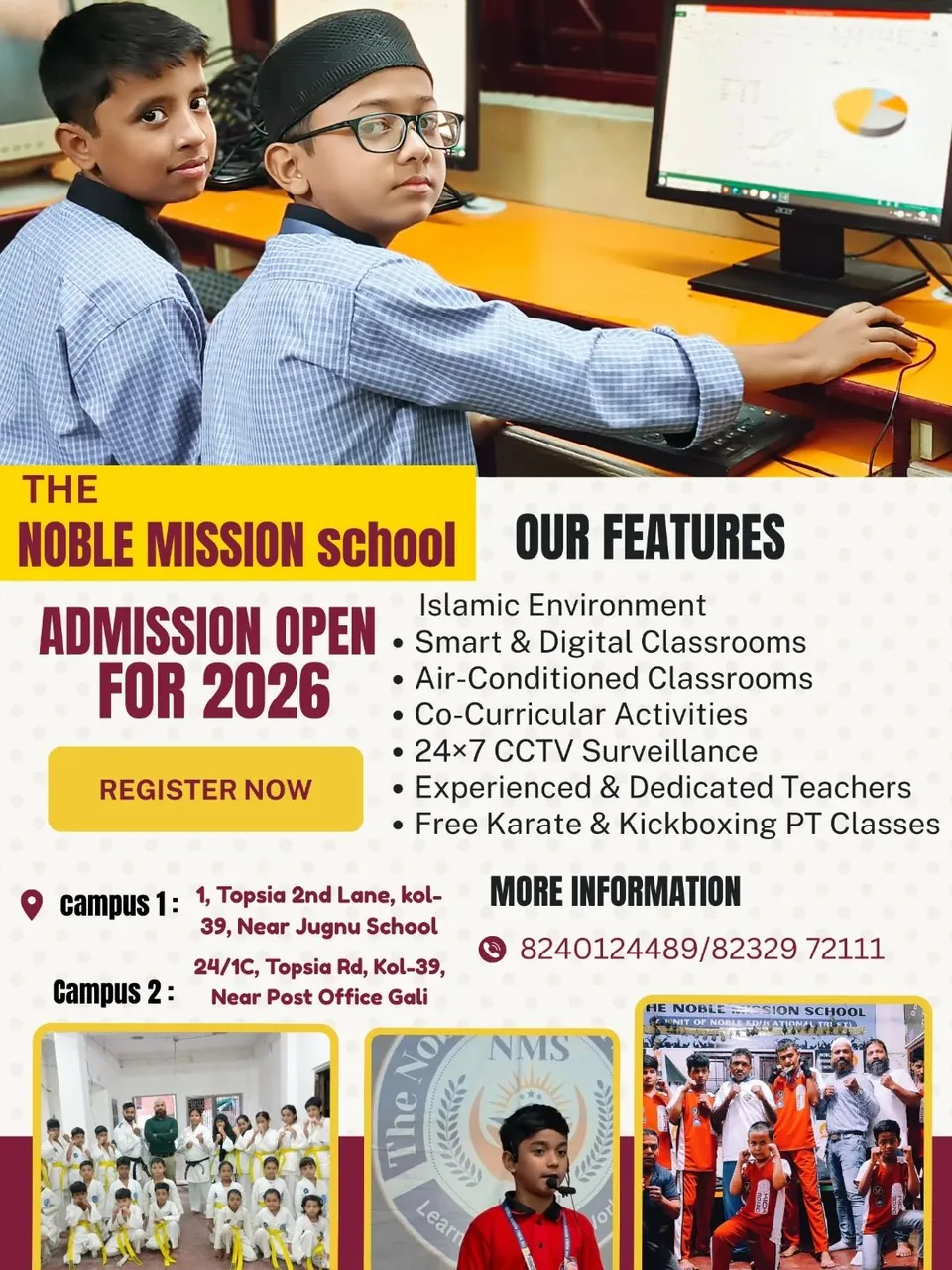 The Noble Mission School flyer for Nursery to XII and Play House admissions showing two students at a computer